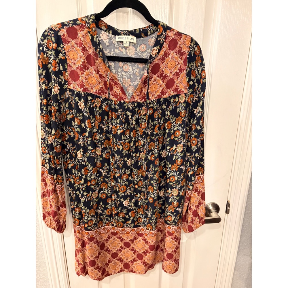 Tassels N Lace Tunic Top Navy Orange Floral Paisley Boho Tie Front SD10108F